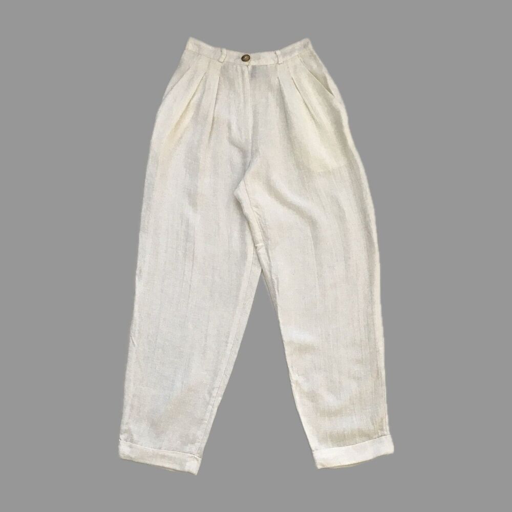 Vintage 90s Express White Linen High Waist Pleated Casual Pants Womens XS